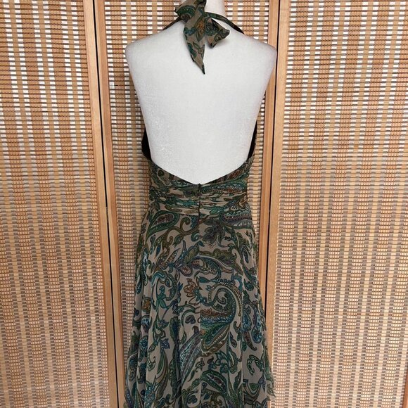 Vintage Y2K Rose & Lula green and tan paisley print halter neck 100% silk dress - Picture 4 of 6